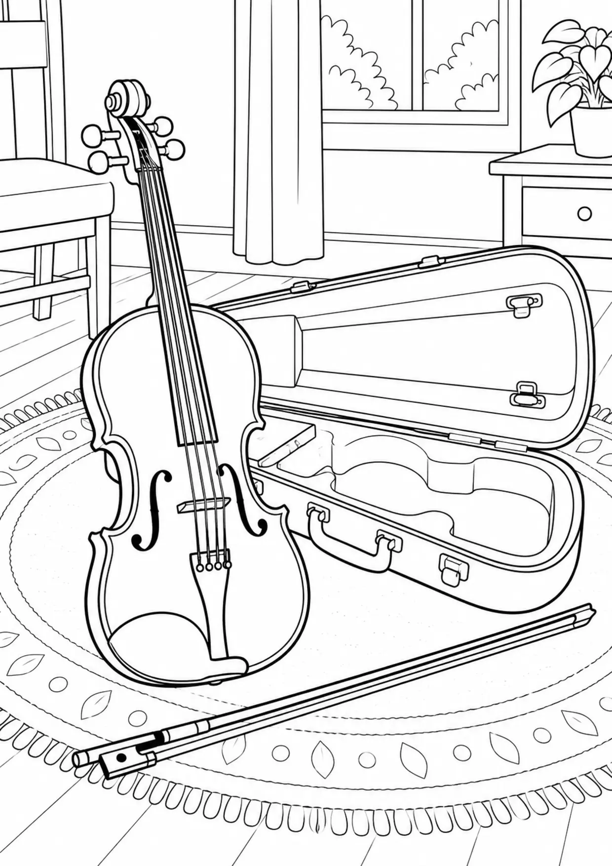 Coloriage violon : etui à imprimer montrant etui, dessin noir et blanc