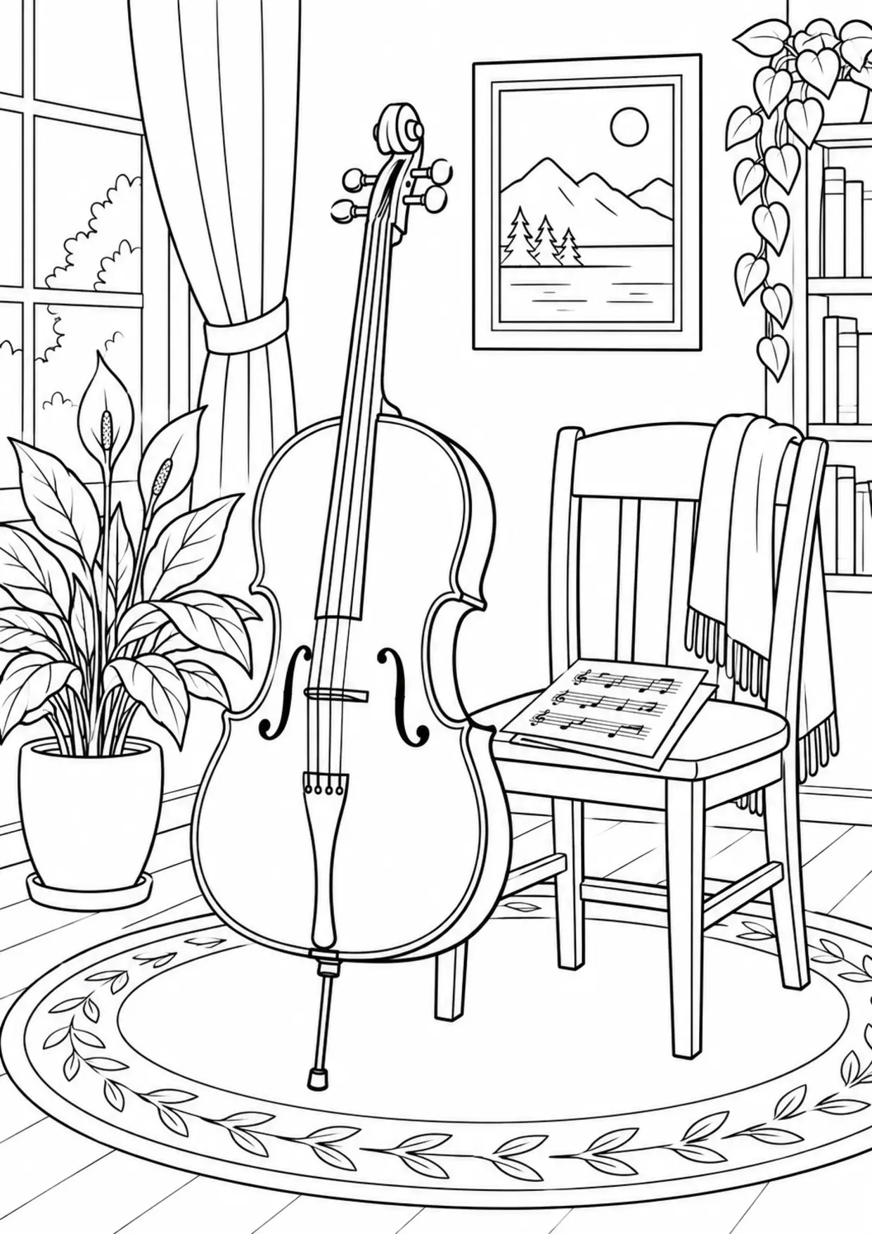 Coloriage violoncelle : chaise à imprimer montrant chaise, dessin noir et blanc