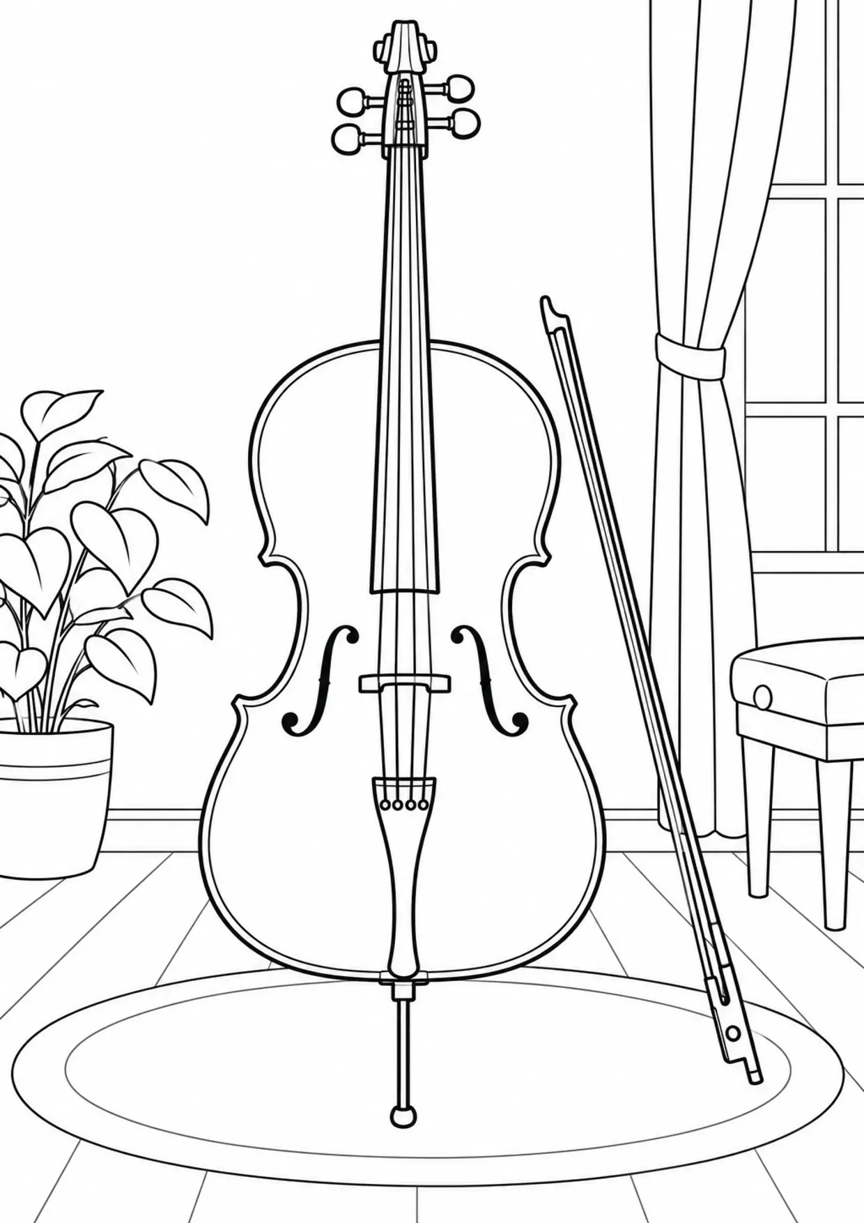 Coloriage violoncelle : enfant à imprimer montrant enfant, dessin noir et blanc