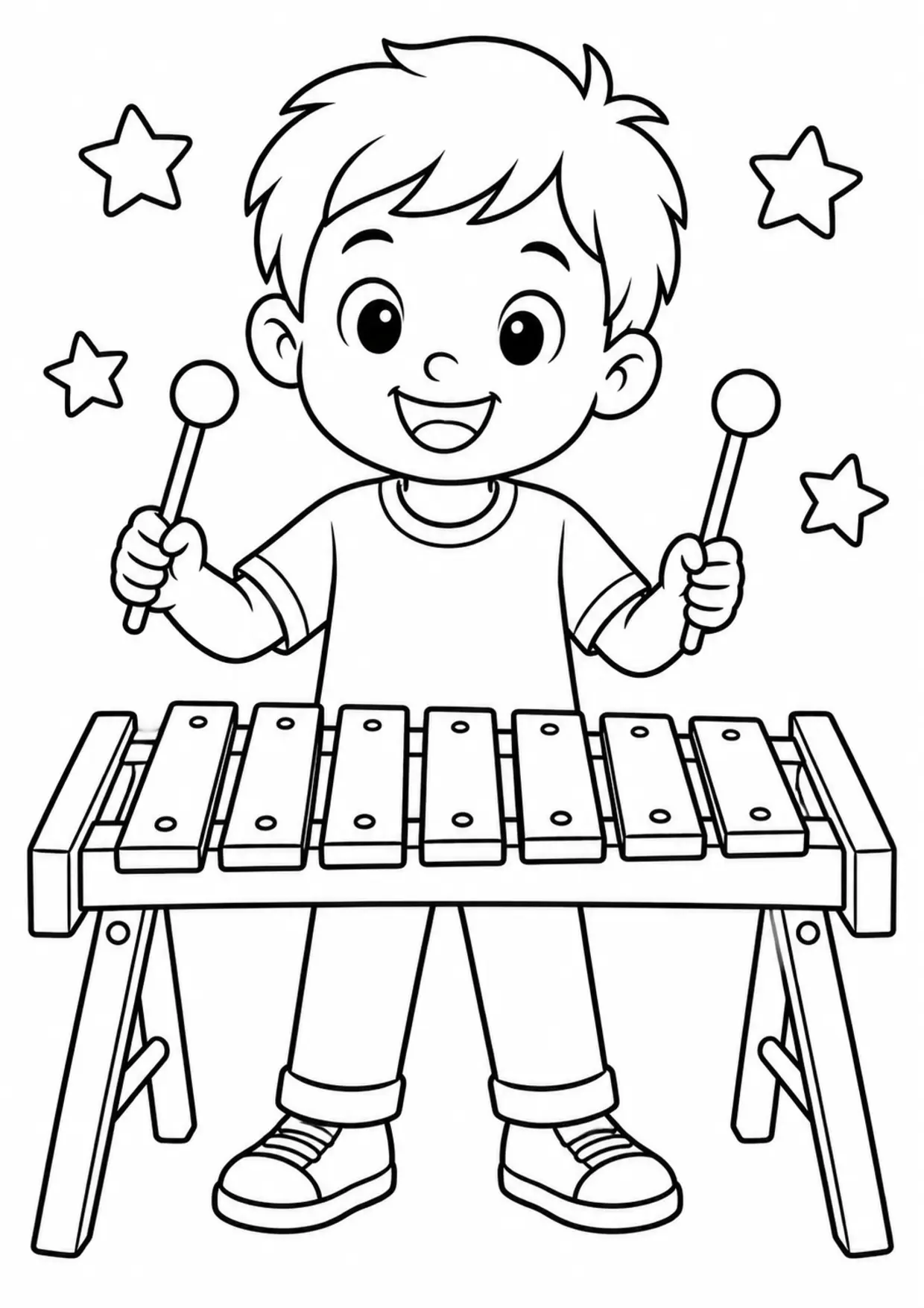 Coloriage xylophone : enfant à imprimer montrant enfant, dessin noir et blanc
