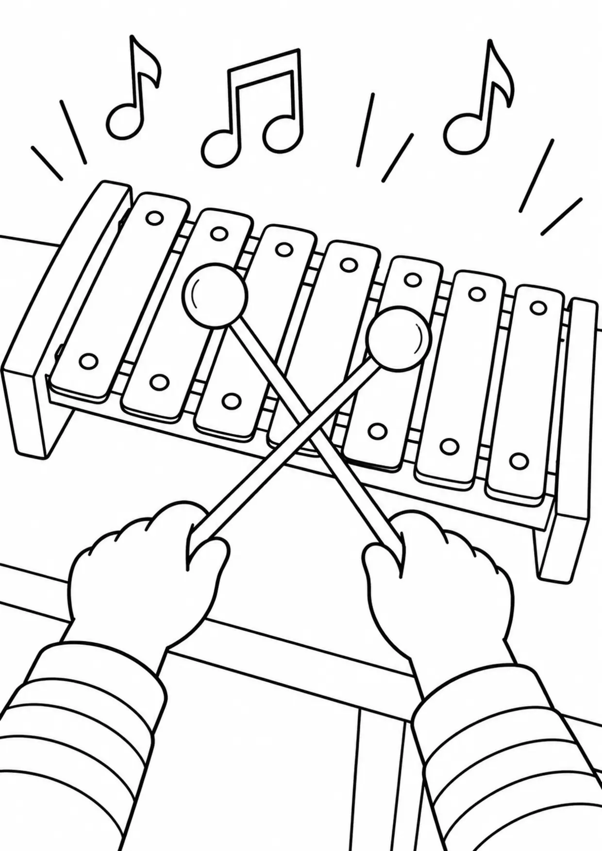 Coloriage xylophone : mallets à imprimer montrant mallets, dessin noir et blanc