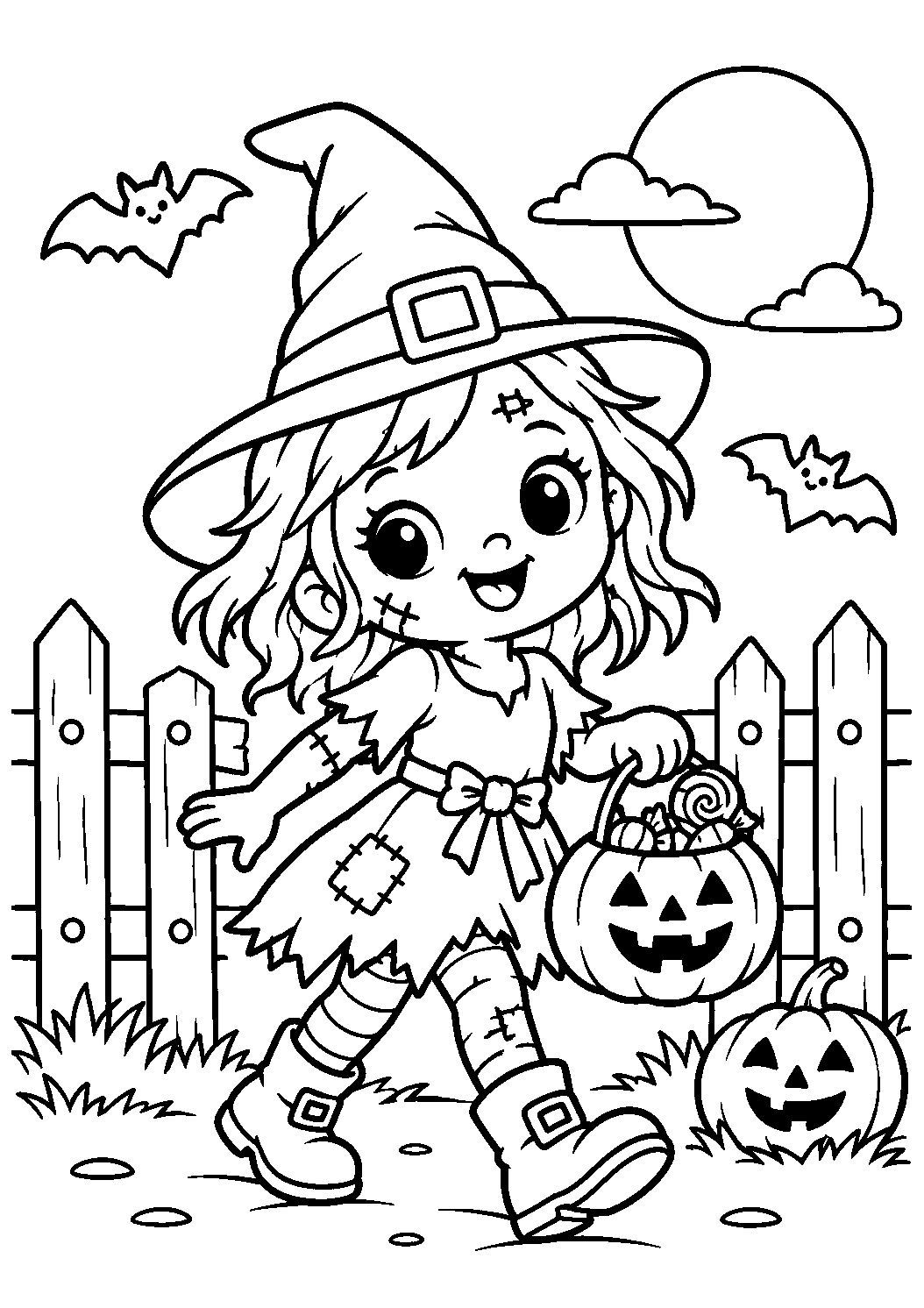 Coloriage d’une jeune zombie avec chapeau de sorcière et panier citrouille