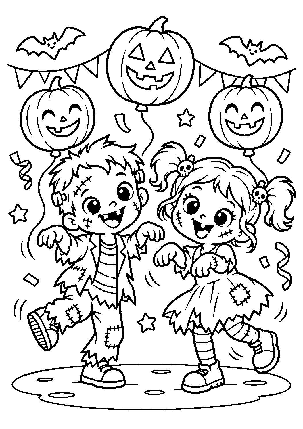 Coloriage de deux enfants zombies dansant à une fête avec des décorations citrouille