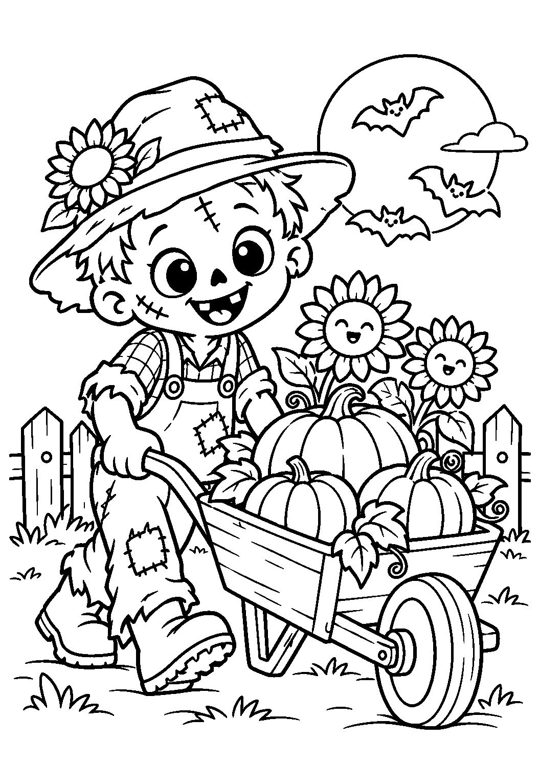 Coloriage d’un zombie jardinier poussant une brouette remplie de citrouilles
