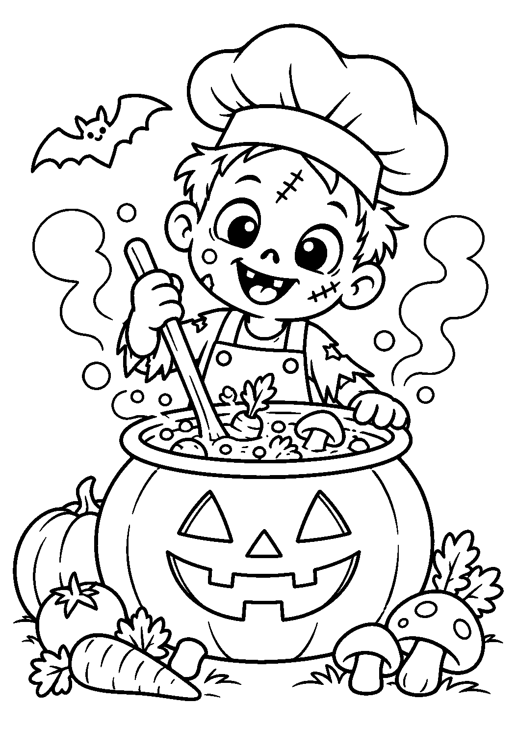 Coloriage d’un zombie cuisinier remuant un chaudron avec des légumes