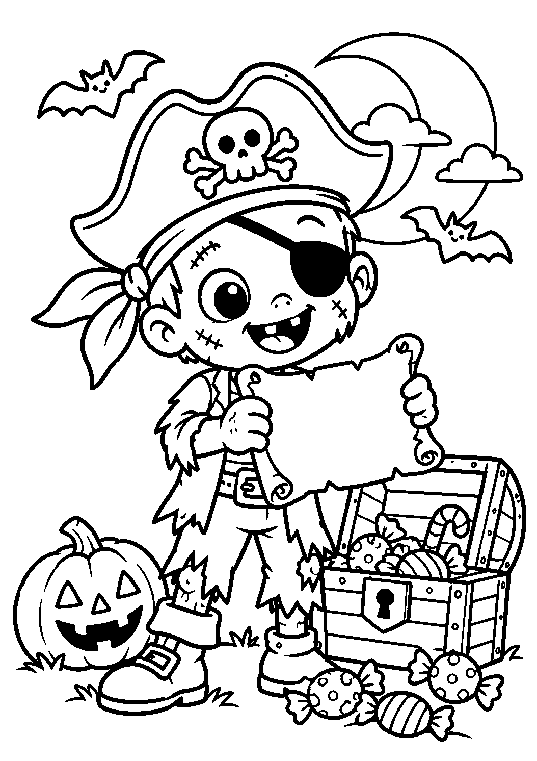Coloriage d’un zombie pirate avec une carte et un coffre rempli de bonbons