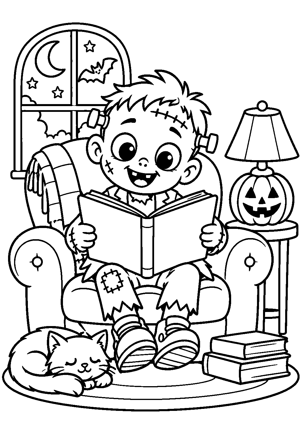 Coloriage d’un gentil zombie lisant un livre dans un fauteuil avec une lampe citrouille