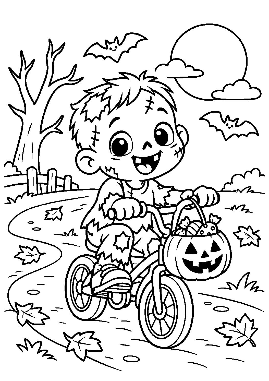 Coloriage d’un enfant zombie à vélo avec un panier en forme de citrouille