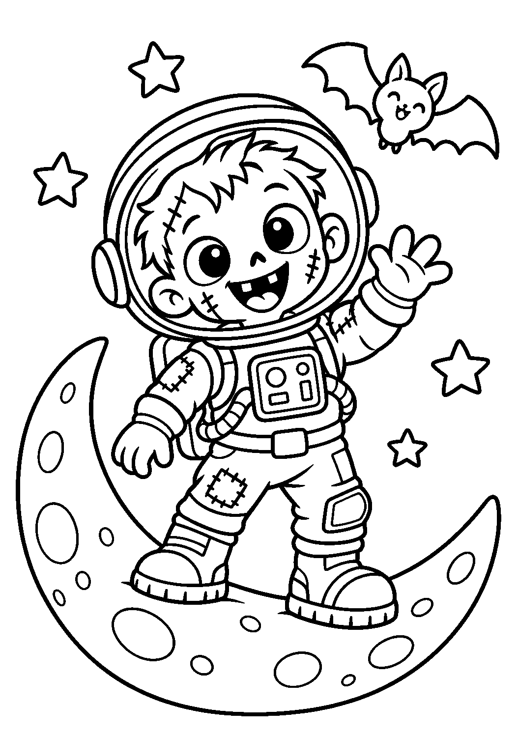 Coloriage d’un zombie astronaute debout sur un croissant de lune avec une chauve-souris