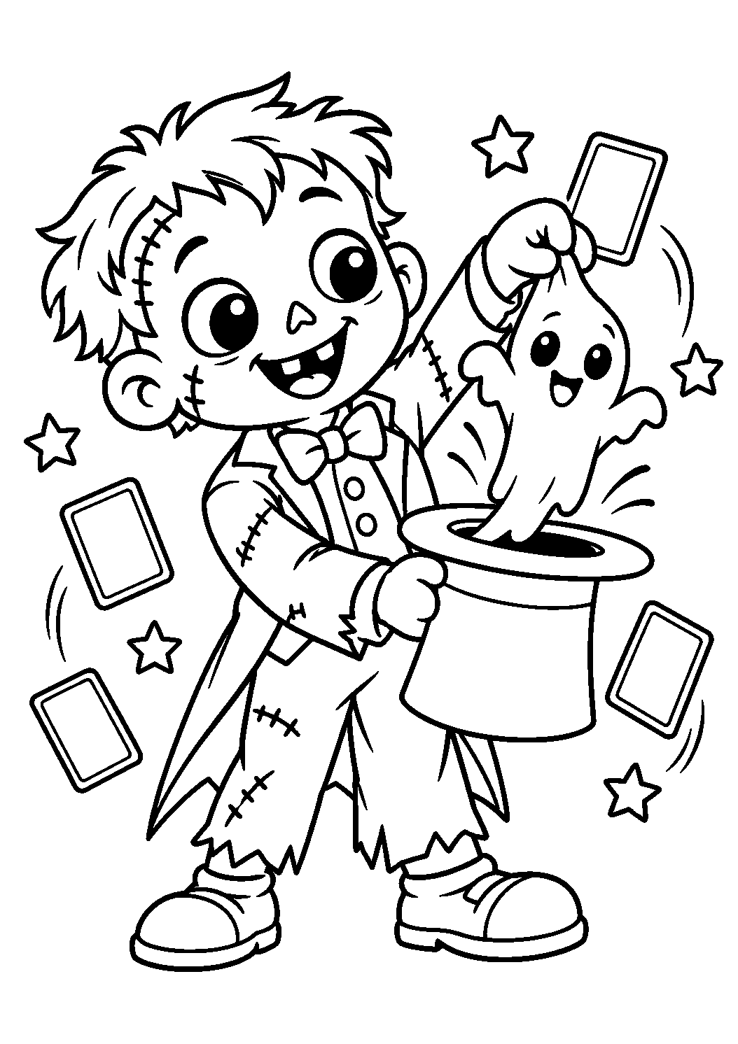 Coloriage d’un zombie magicien faisant sortir un fantôme de son chapeau
