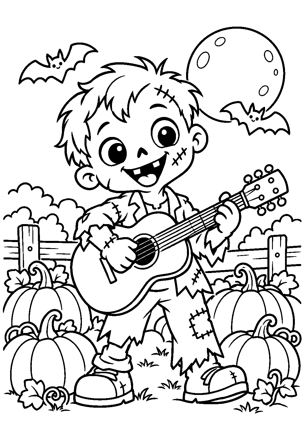 Coloriage d’un zombie jouant de la guitare au milieu des citrouilles