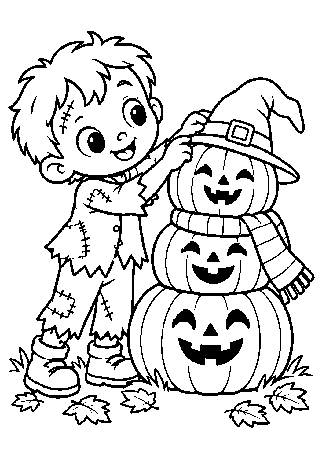 Coloriage d’un zombie construisant un bonhomme avec trois citrouilles