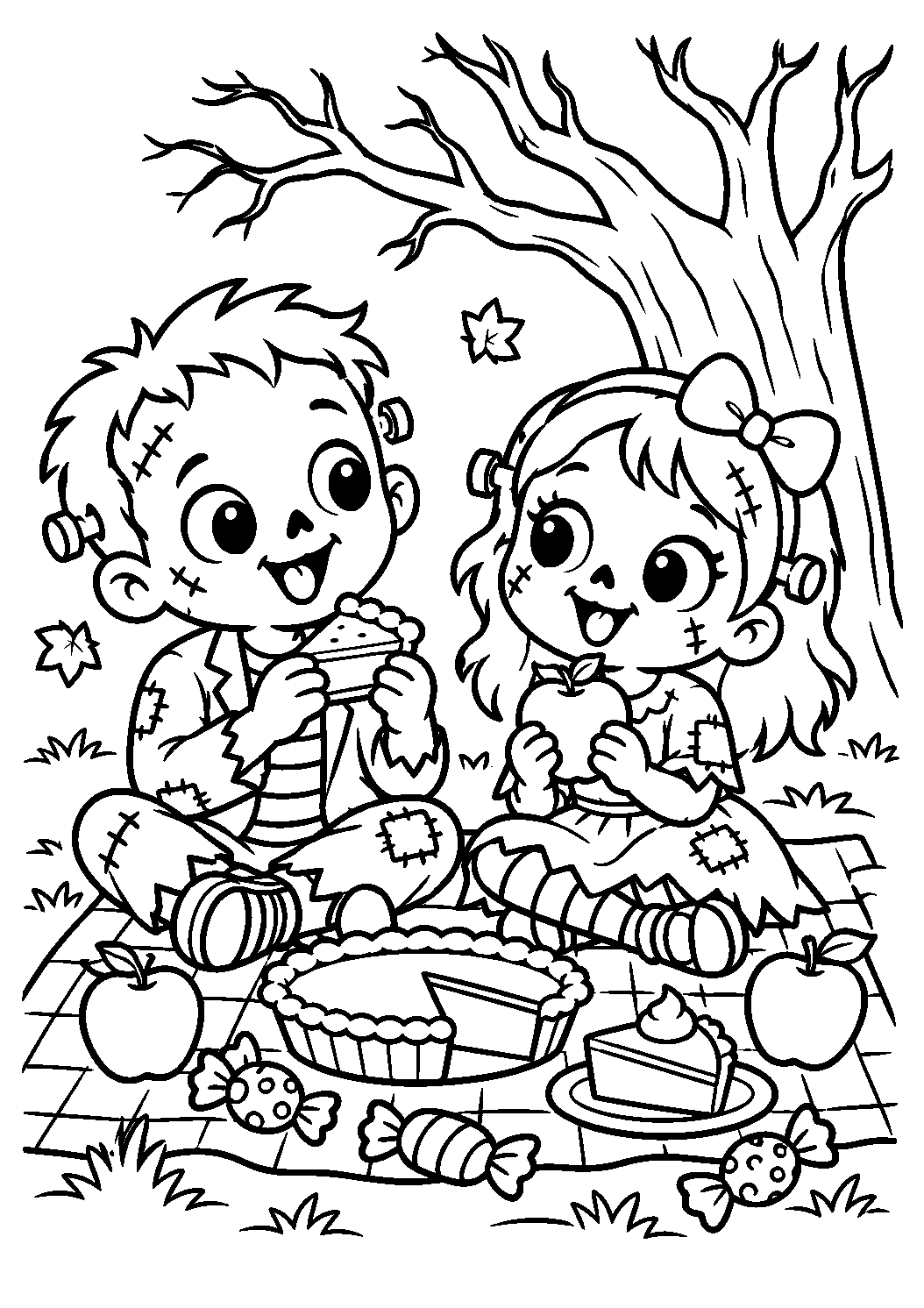 Coloriage de deux zombies faisant un pique-nique avec tarte, pommes et bonbons