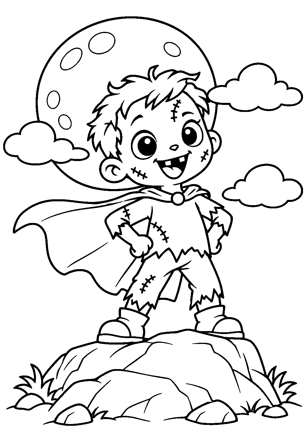 Coloriage d’un gentil zombie super-héros en cape sur un rocher