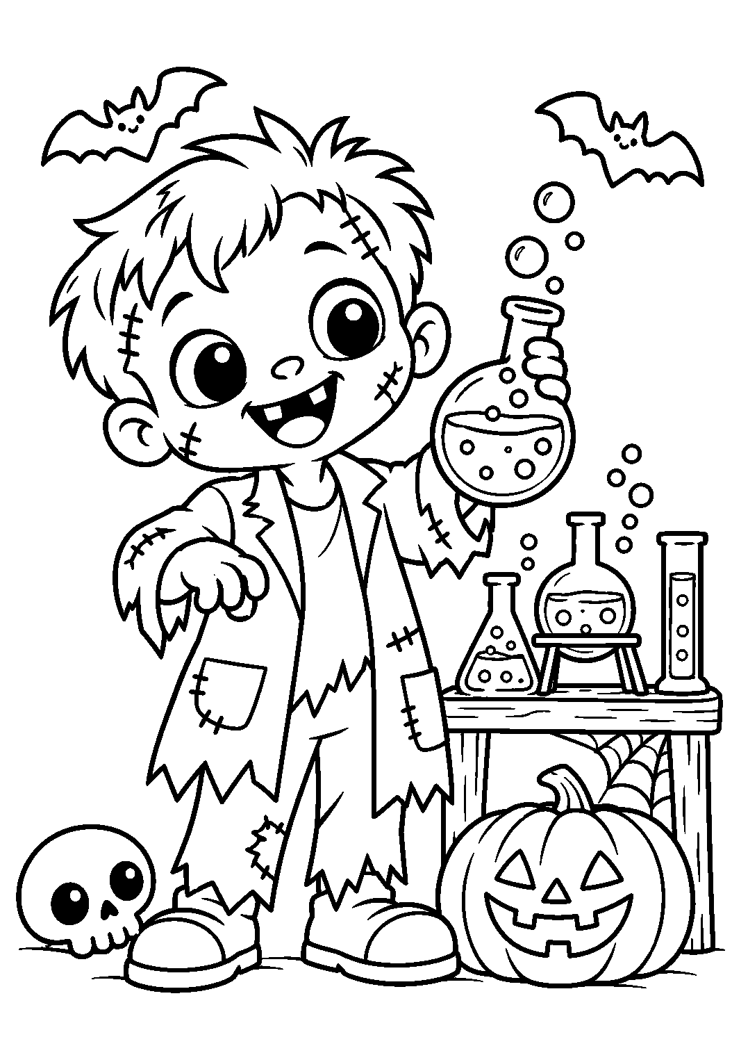 Coloriage d’un zombie scientifique avec une fiole et un laboratoire de potions