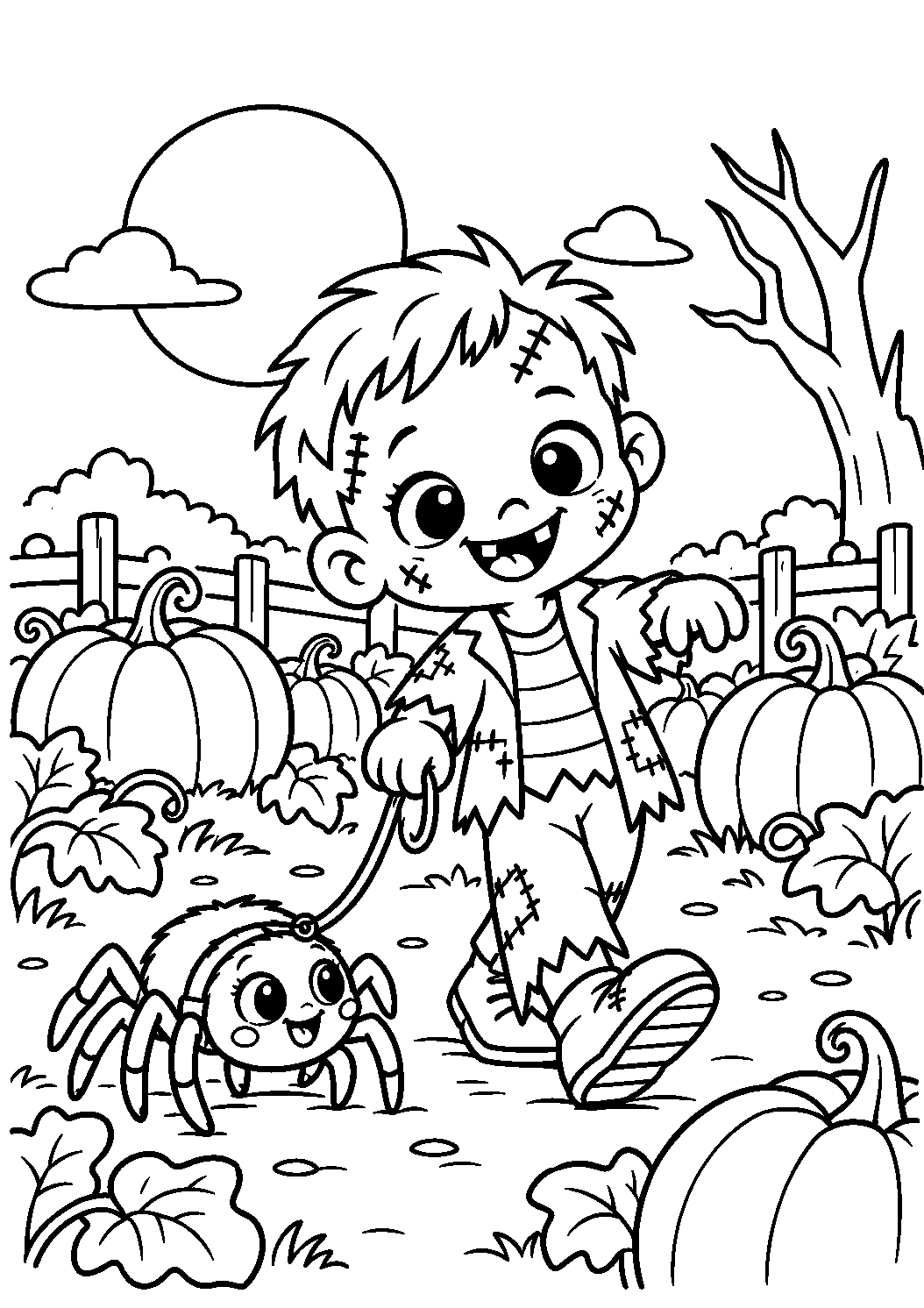 Coloriage d’un zombie promenant une gentille araignée dans un jardin de citrouilles
