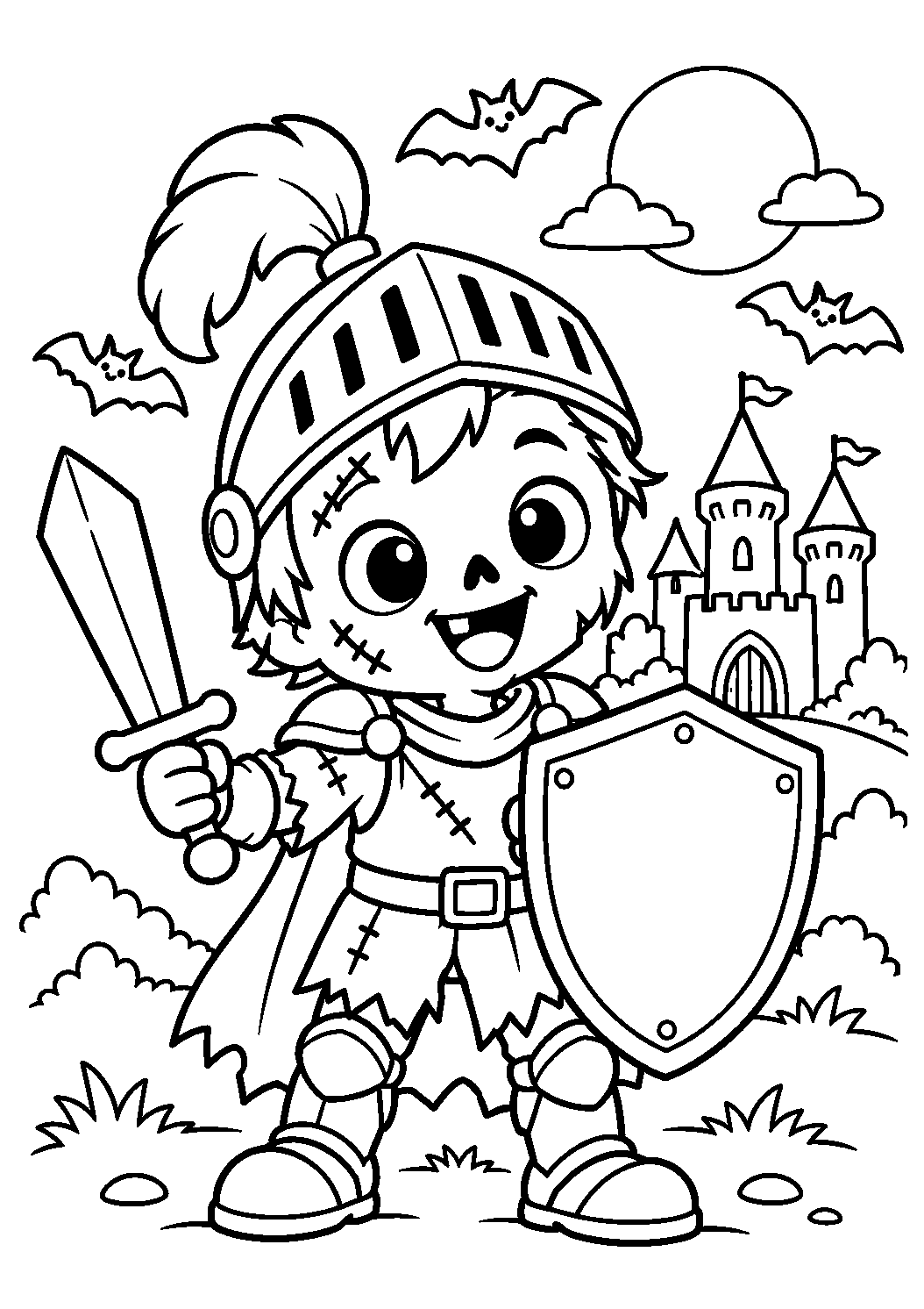 Coloriage d’un zombie chevalier avec épée et bouclier devant un château