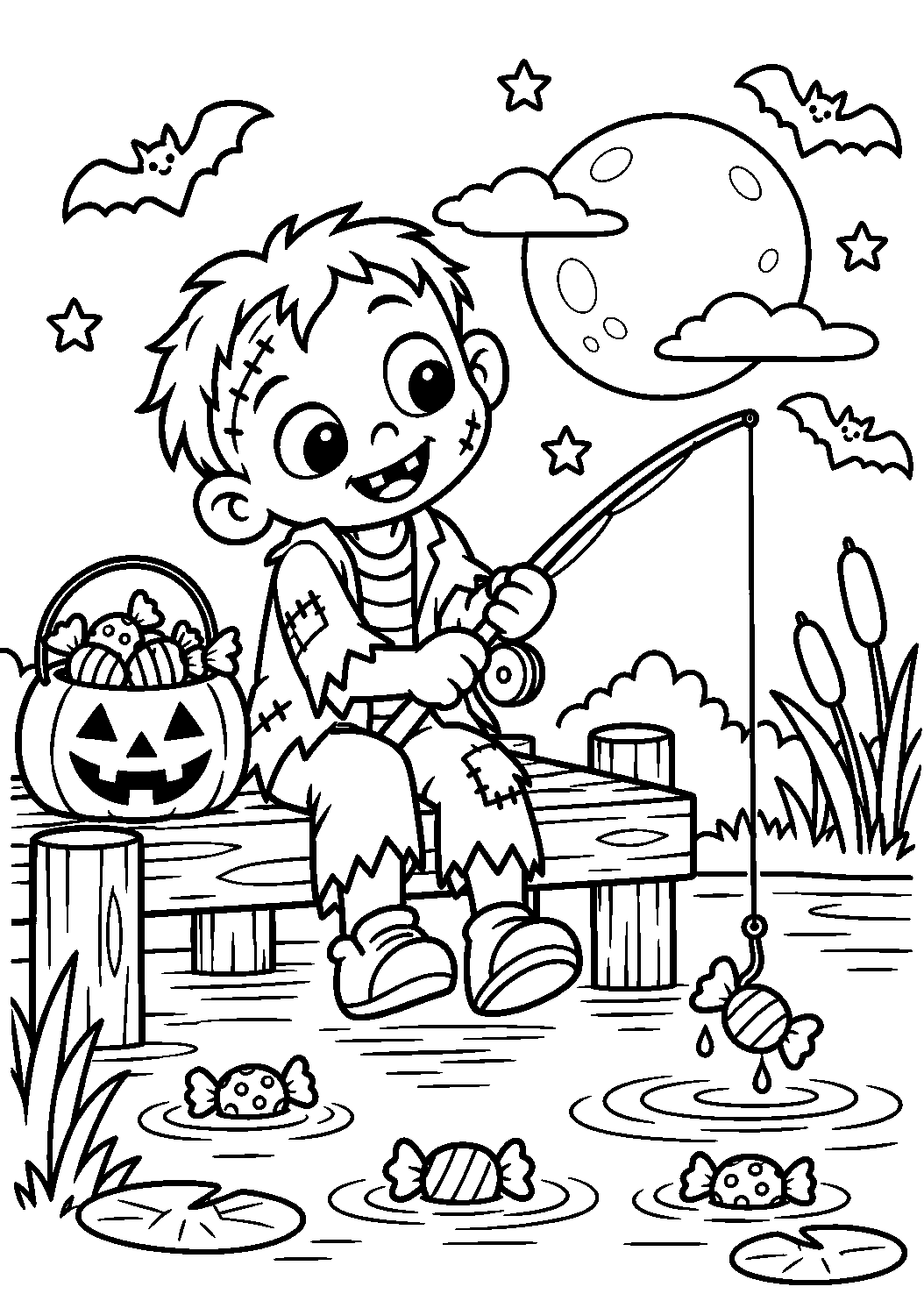 Coloriage d’un zombie pêchant des bonbons depuis un ponton