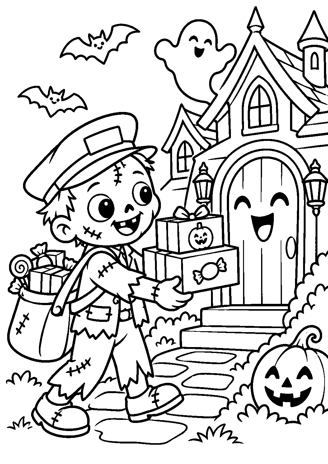 Coloriage d’un zombie facteur livrant des bonbons devant une maison hantée