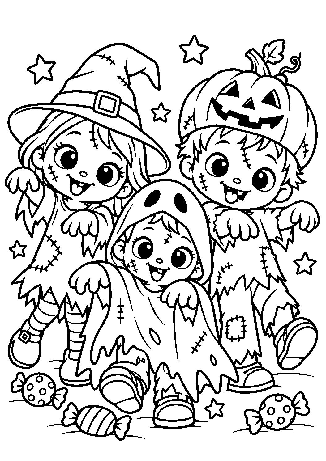 Coloriage de trois enfants zombies déguisés en sorcière, fantôme et citrouille