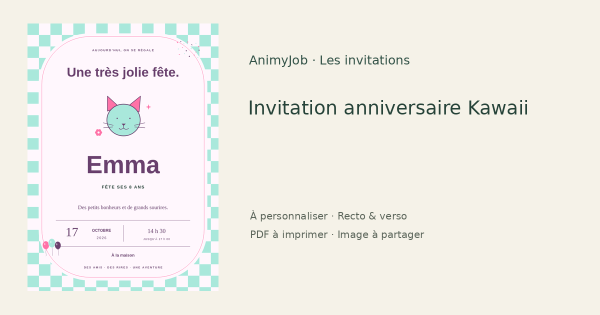 Exemple d’invitation anniversaire kawaii gratuite à personnaliser