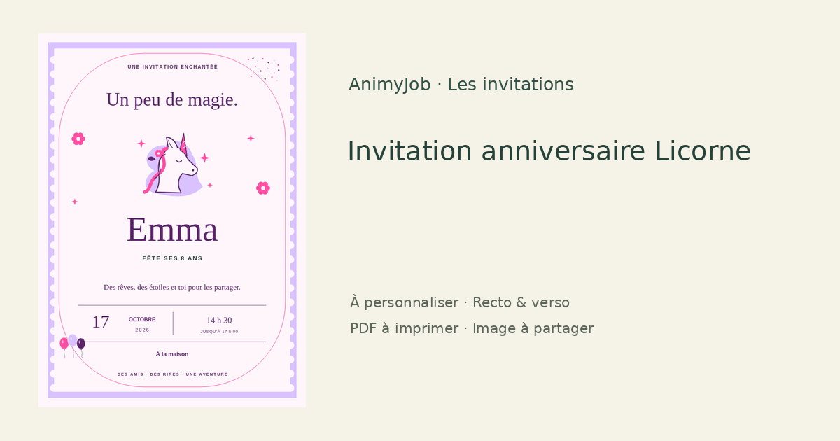 Exemple d’invitation anniversaire licorne gratuite à personnaliser