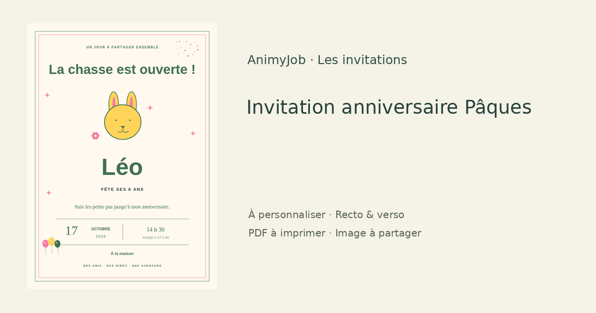 Exemple d’invitation anniversaire Pâques gratuite à personnaliser