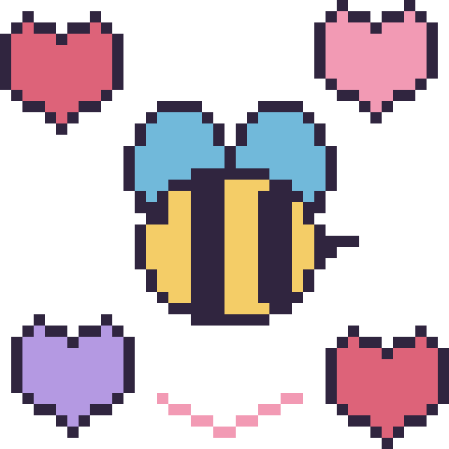 Modèle de pixel art Abeille avec des cœurs sur une grille de 40 par 40 cases