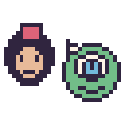 Pixel art Aladdin mini et Bob Razowski mini, grille 32 × 32