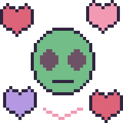 Pixel art Alien avec des cœurs, grille 40 × 40