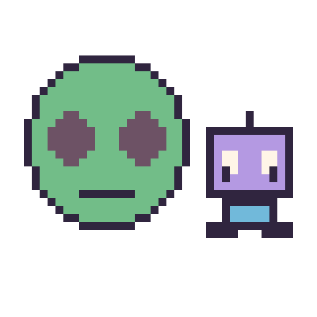 Modèle de pixel art Alien et Robot kawaii 16 × 16 sur une grille de 40 par 40 cases
