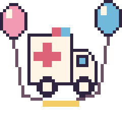 Pixel art Ambulance avec des ballons, grille 40 × 40