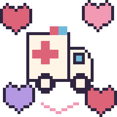 Pixel art Ambulance avec des cœurs, grille 40 × 40