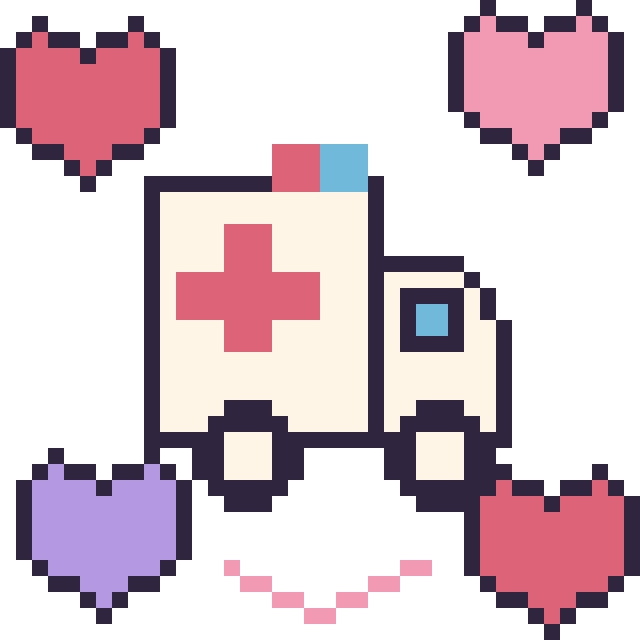 Modèle de pixel art Ambulance avec des cœurs sur une grille de 40 par 40 cases