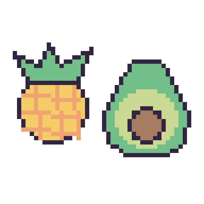 Modèle de pixel art Ananas et Avocat sur une grille de 48 par 48 cases