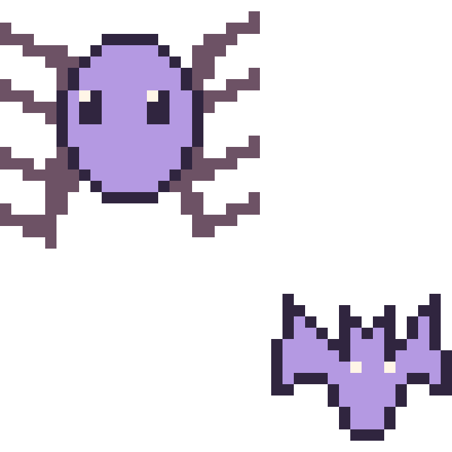 Modèle de pixel art Araignée et Chauve-souris simple 16 × 16 sur une grille de 40 par 40 cases