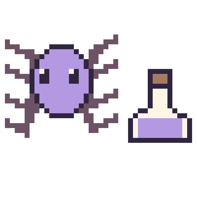 Modèle de pixel art Araignée et Potion simple 16 × 16 sur une grille de 40 par 40 cases