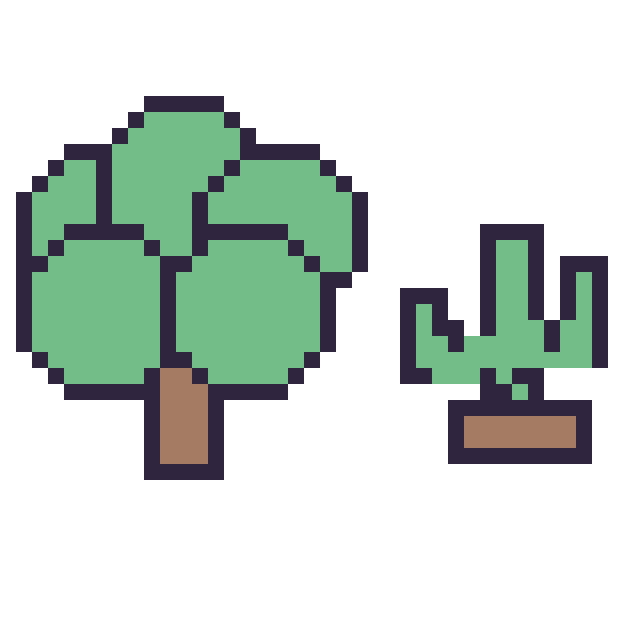 Modèle de pixel art Arbre et Cactus kawaii 16 × 16 sur une grille de 40 par 40 cases
