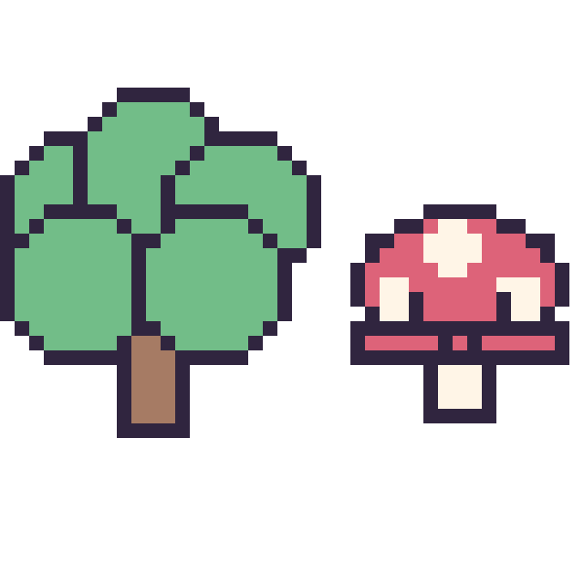 Modèle de pixel art Arbre et Champignon kawaii 16 × 16 sur une grille de 40 par 40 cases