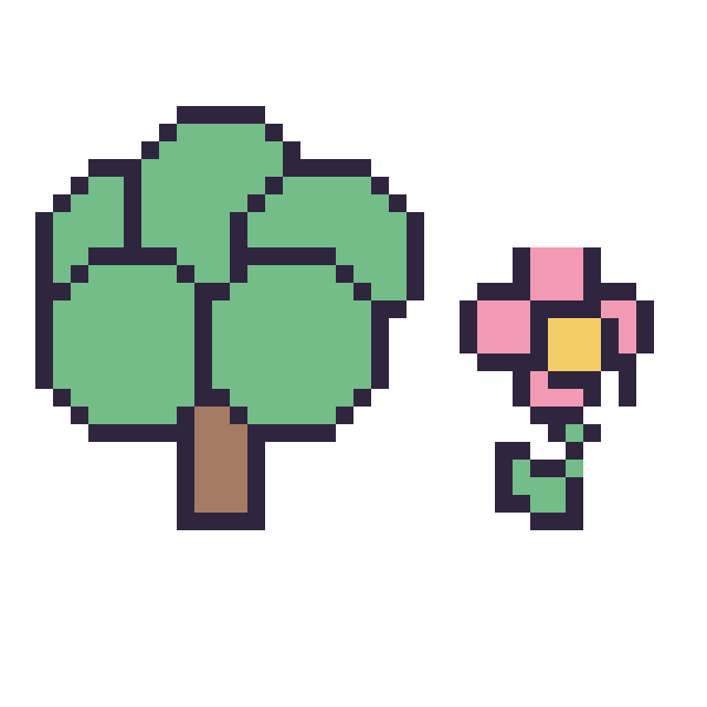 Modèle de pixel art Arbre et Fleur kawaii 16 × 16 sur une grille de 40 par 40 cases