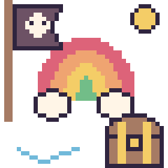 Pixel art Arc-en-ciel en aventure pirate, grille 40 × 40