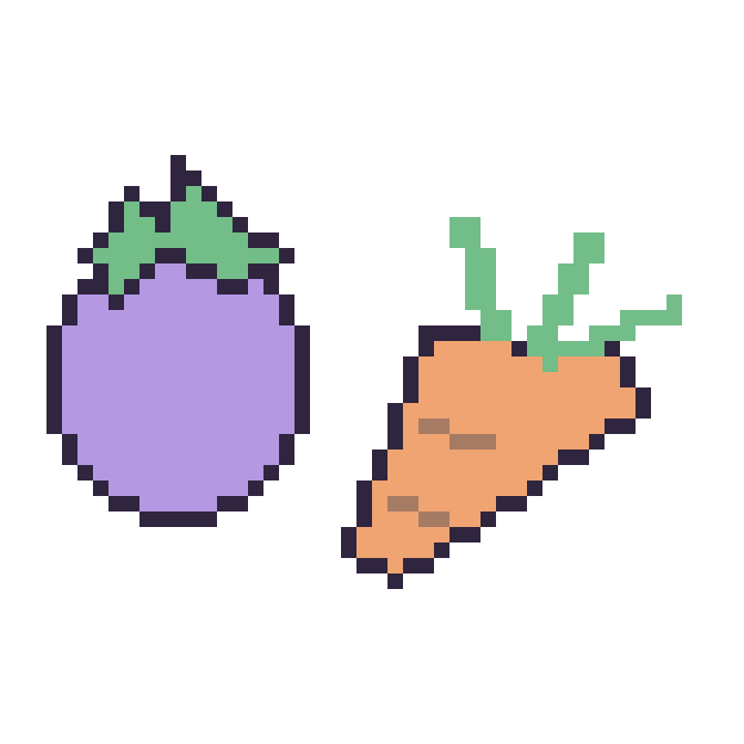 Modèle de pixel art Aubergine et Carotte sur une grille de 48 par 48 cases