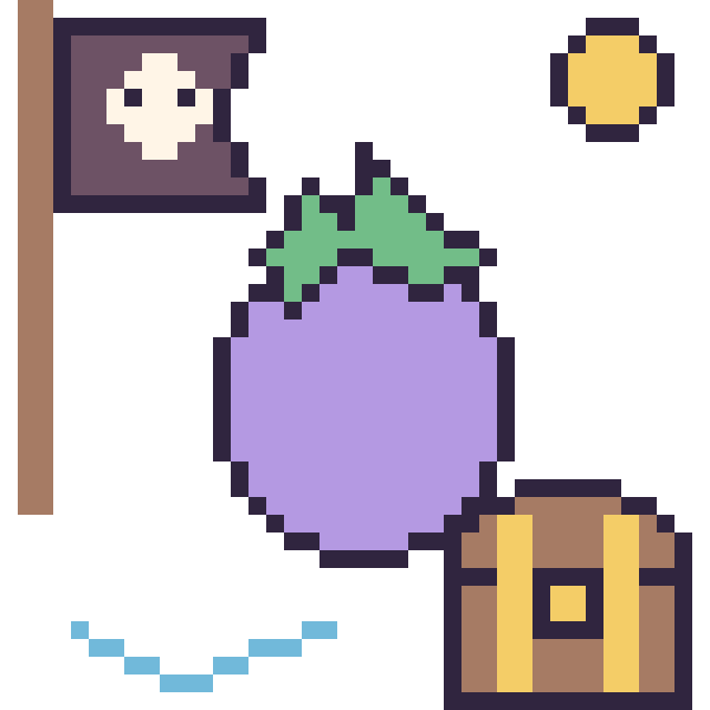 Modèle de pixel art Aubergine en aventure pirate sur une grille de 40 par 40 cases