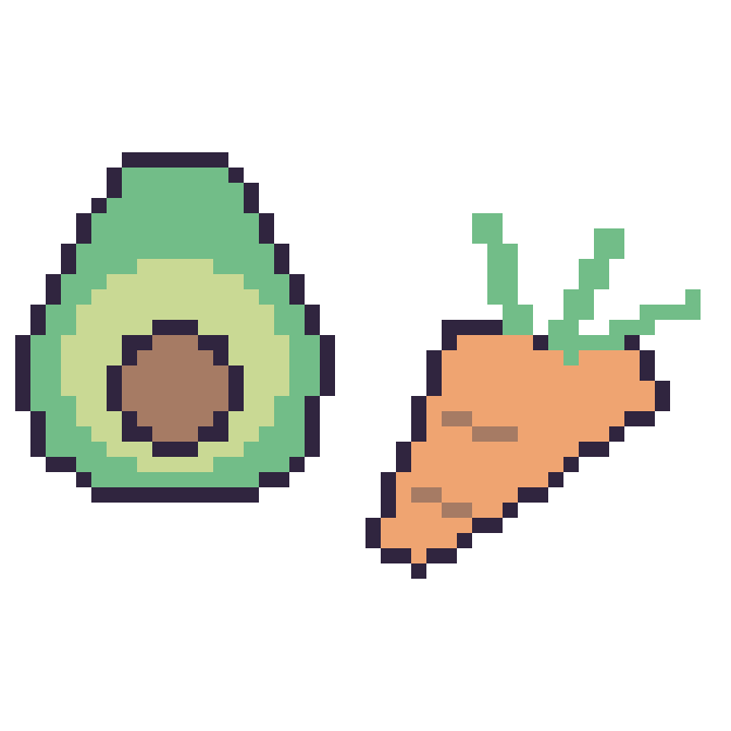 Modèle de pixel art Avocat et Carotte sur une grille de 48 par 48 cases