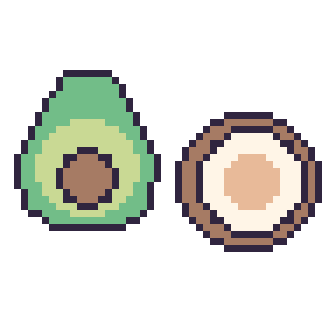 Modèle de pixel art Avocat et Noix de coco sur une grille de 48 par 48 cases