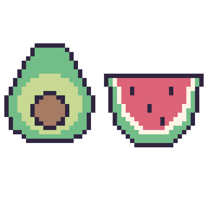 Modèle de pixel art Avocat et Pastèque sur une grille de 48 par 48 cases