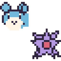 Pixel art Azurill mini et Staross mini, grille 32 × 32
