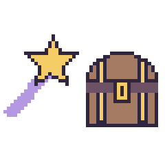 Pixel art Baguette magique et Coffre de pirate, grille 48 × 48