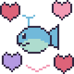 Pixel art Baleine avec des cœurs, grille 40 × 40