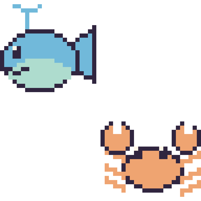 Modèle de pixel art Baleine et Crabe sur une grille de 48 par 48 cases